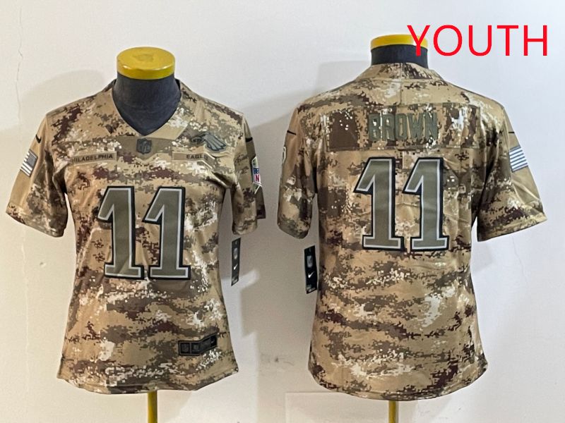 Youth Philadelphia Eagles #11 Brown Camo Nike 2025 Salute to Service Limited NFL Jersey style 1